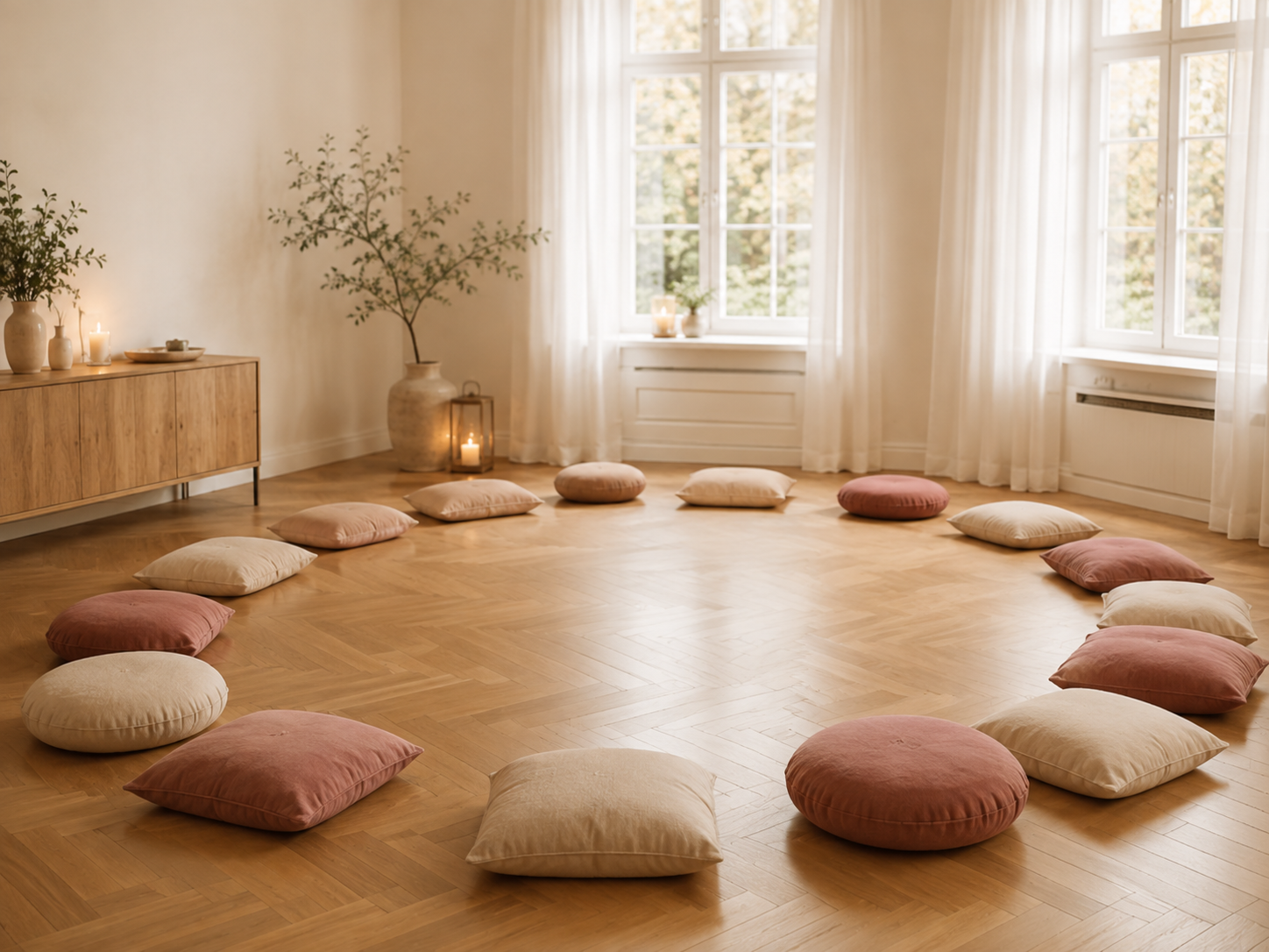 Meditationskissen im Kreis in hellem Raum